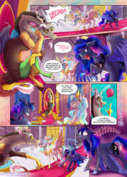 Size: 1200x1675 | Tagged: safe, artist:stepandy, discord, princess celestia, princess luna, alicorn, draconequus, pony, comic:mark of chaos, canterlot, canterlot throne room, comic, crown, dialogue, dislestia, ethereal mane, eyes closed, female, hoof shoes, jewelry, male, mare, peytral, regalia, shipping, speech bubble, starry mane, straight, throne, throne room, unshorn fetlocks, water, water balloon, wet mane