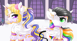 Size: 3401x1833 | Tagged: safe, artist:schokocream, oc, oc only, oc:lightning bliss, alicorn, pony, beautiful, braid, brony, clothes, dress, flower, flower in hair, gala, gold, green eyes, princess, rainbow hair, rose, smiling, surprised, veil