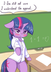 Size: 2480x3508 | Tagged: safe, artist:alcor, twilight sparkle, pony, unicorn, semi-anthro, g4, bipedal, bipedal leaning, blushing, chalkboard, clothes, dialogue, female, floppy ears, frown, heart, high res, hind legs, leaning, lidded eyes, looking at you, mare, math, raised hoof, shirt, solo, standing on two hooves, table, unicorn twilight