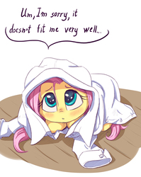 Size: 2480x3112 | Tagged: safe, artist:alcor, fluttershy, pegasus, pony, g4, :o, alcor is trying to murder us, blushing, cheek fluff, clothes, cute, daaaaaaaaaaaw, dialogue, female, hiding, high res, hnnng, looking at you, looking up, looking up at you, open mouth, oversized clothes, precious, prone, shirt, shy, shyabetes, smol, solo, weapons-grade cute