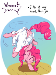Size: 2313x3072 | Tagged: safe, artist:alcor, pinkie pie, earth pony, pony, g4, balancing, blushing, cheek fluff, clothes, cute, dialogue, diapinkes, dock, ear fluff, eyes closed, female, fluffy, happy, high res, leg fluff, looking at you, mare, open mouth, pinkie being pinkie, shirt, smiling, solo, underhoof, upside down, wat, you're doing it wrong