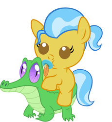Size: 936x1017 | Tagged: safe, artist:red4567, doctor fauna, gummy, pony, g4, baby, baby pony, cute, pacifier, ponies riding gators, riding, simple background, white background