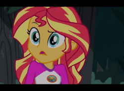 Size: 391x286 | Tagged: safe, edit, edited screencap, screencap, rainbow dash, sci-twi, sunset shimmer, twilight sparkle, equestria girls, g4, my little pony equestria girls: legend of everfree, animated, backpack, camp everfree outfits, clothes, female, flower, funny, gif, glasses, merchandise, parody, screaming, shorts, sun, tree