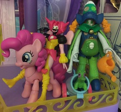 Size: 867x802 | Tagged: safe, artist:doctormoodb, gummy, pinkie pie, g4, candelilla, crossover, humans riding ponies, irl, kyoryuger, luckyuro, misadventures of the guardians, party cannon, photo, riding, toy, toy pony cavalry, zyuden sentai kyoryuger
