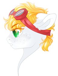 Size: 1737x2267 | Tagged: safe, artist:schokocream, oc, oc only, oc:triforce treasure, earth pony, pony, blonde, bust, freckles, glasses, goggles, green eyes, portrait, simple background, solo, white background, white pony