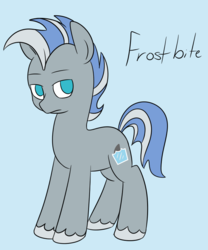 Size: 680x816 | Tagged: safe, artist:espeonna, oc, oc only, oc:frostbite, earth pony, pony, blue background, simple background, solo
