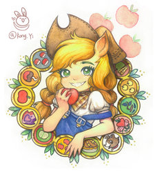 Size: 900x989 | Tagged: safe, artist:kongyi, applejack, human, g4, apple, apple family, applejack's hat, bandana, clothes, cowboy hat, cutie mark, cutie mark background, dungarees, eared humanization, female, food, grin, hat, humanized, neckerchief, overalls, pigtails, shirt, smiling, solo, traditional art, twintails, watercolor painting