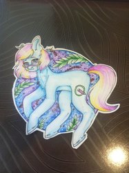 Size: 806x1080 | Tagged: safe, artist:acryl, oc, oc only, oc:eve scintilla, earth pony, pony, berry, full body, glasses, photo, sad, solo, traditional art