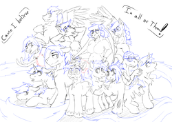 Size: 3035x2149 | Tagged: safe, artist:kassc, oc, oc only, oc:burnt-sonic, oc:deltz, oc:dreamsweet, oc:dusk sunrich, oc:ewebun, oc:fallfeatherspony, oc:gyro tech, oc:jasmine, oc:losian, oc:milbo, oc:moonlight ballad, oc:swift sketch, oc:synch, pony, unicorn, high res, lonch, monochrome