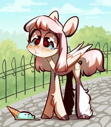 Size: 1891x2160 | Tagged: dead source, safe, artist:aphphphphp, oc, oc only, pegasus, pony, crying, dropped ice cream, female, food, ice cream, ice cream cone, mare, sad, solo, unshorn fetlocks