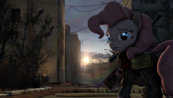 Size: 1024x576 | Tagged: safe, artist:vinuldash, pinkie pie, earth pony, pony, g4, 3d, building, chernobyl, city, female, pripyat, rainbow, solo, sun, weapon