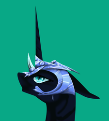 Size: 571x635 | Tagged: safe, artist:oneiria-fylakas, nightmare moon, pony, g4, bust, female, helmet, portrait, simple background, solo