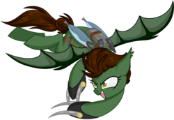 Size: 1024x703 | Tagged: safe, artist:kellythedrawinguni, oc, oc only, oc:dive siren, bat pony, pony, female, hoof blades, jetpack, mare, simple background, solo, transparent background