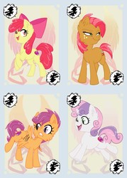 Size: 744x1038 | Tagged: safe, artist:bluekite-falls, artist:sky-railroad, apple bloom, babs seed, scootaloo, sweetie belle, earth pony, pony, g4, cutie mark crusaders, game, prance card game