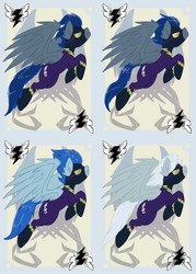 Size: 744x1038 | Tagged: safe, artist:bluekite-falls, artist:sky-railroad, descent, nightshade, oc, pegasus, pony, g4, clothes, costume, ear fluff, female, game, male, mare, prance card game, shadowbolts, shadowbolts costume, shadowbolts uniform, spread wings, stallion, wing fluff, wings