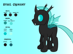 Size: 2693x2000 | Tagged: safe, artist:derphed, oc, oc only, oc:steel crescent, changeling, changeling oc, fangs, fin, happy, high res, smiling, solo