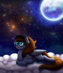 Size: 3000x3500 | Tagged: safe, artist:confetticakez, oc, oc only, pegasus, pony, cloud, commission, cute, female, galaxy, glasses, hat, high res, lying down, mare, moon, night, ocbetes, solo