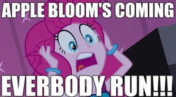 Size: 1280x714 | Tagged: safe, edit, edited screencap, screencap, pinkie pie, equestria girls, g4, spoiler:comic, spoiler:comicholiday2014, female, image macro, implied anon-a-miss, implied apple bloom, meme, misspelling, scared, scary, solo, yelling