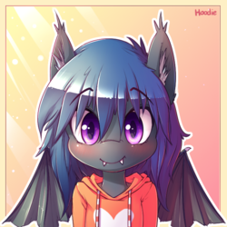 Size: 650x650 | Tagged: safe, artist:hoodie, oc, oc only, oc:starfall, bat pony, pony, semi-anthro, blushing, bust, clothes, fangs, female, heart, hoodie, mare, portrait, solo