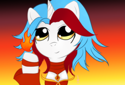 Size: 1600x1080 | Tagged: safe, artist:silversthreads, oc, oc only, oc:audina puzzle, pony, unicorn, clothes, commission, crossover, dota 2, female, fire, lina, mare, solo