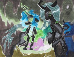 Size: 816x631 | Tagged: safe, artist:frozensoulpony, queen chrysalis, oc, oc:ataxia, changeling, g4, changeling oc, magic, mother and daughter, offspring, parent:queen chrysalis, traditional art