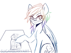 Size: 3200x2400 | Tagged: safe, artist:sugarberry, rainbow dash, pony, g4, book, female, glasses, high res, looking at you, partial color, raised hoof, simple background, sitting, sketch, smiling, solo, table, white background