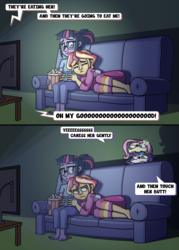 Size: 1000x1400 | Tagged: safe, artist:rawrienstein, fluttershy, rarity, sci-twi, sunset shimmer, twilight sparkle, equestria girls, g4, barefoot, clothes, comic, couch, feet, female, fluttershipper, lesbian, movie, pajamas, scared, ship:sci-twishimmer, ship:sunsetsparkle, shipper on deck, shipperity, shipping, sunset shimmer is not amused, troll 2, unamused