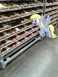 Size: 1932x2576 | Tagged: safe, artist:dashiesparkle, artist:pablomen13, derpy hooves, pegasus, pony, g4, female, floating, food, irl, mare, muffin, package, photo, ponies in real life, shelf, solo, that pony sure does love muffins, vector