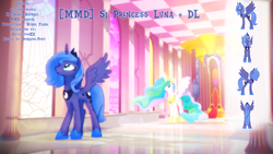 Size: 1920x1080 | Tagged: safe, artist:equmoria, princess celestia, princess luna, alicorn, pony, g4, 3d, downloadable, female, mare, mmd, throne room