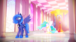 Size: 1920x1080 | Tagged: safe, artist:equmoria, princess celestia, princess luna, alicorn, pony, g4, 3d, mmd, s1 luna, throne room