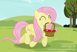 Size: 4355x2980 | Tagged: safe, artist:shutterflyeqd, fluttershy, pony, g4, ^^, apple, basket, cute, eyes closed, female, flower, food, grass, high res, mare, mouth hold, shyabetes, sky, smiling, solo, tree
