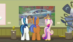 Size: 1280x738 | Tagged: safe, edit, edited screencap, screencap, princess cadance, shining armor, spearhead, pony, a flurry of emotions, g4, a thousand nights in a hallway, art exhibition, art or a mistake, car, dank memes, discovery family logo, honda civic, meme, timberland boots