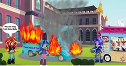 Size: 1366x720 | Tagged: safe, artist:whatthehell!?, edit, part of a set, sonata dusk, starlight glimmer, sunset shimmer, equestria girls, g4, my little pony equestria girls: friendship games, abuse, baseball bat, burning, business, canterlot high, doll, equestria girls minis, eqventures of the minis, female, fire, food, food truck, parody, part of a series, sonatabuse, sonataco, sunset sushi, sunset's sushi truck, taco, toy, wrong neighborhood