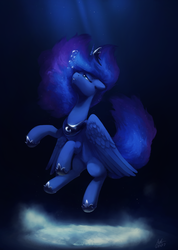 Size: 1423x2000 | Tagged: safe, artist:anticular, princess luna, alicorn, pony, g4, blue background, blue eyes, blue mane, blue tail, bubble, crepuscular rays, crown, digital art, ethereal mane, ethereal tail, feather, female, flowing mane, flowing tail, folded wings, hoof shoes, horn, jewelry, looking up, mare, ocean, peytral, regalia, sad, signature, simple background, sinking, solo, starry mane, starry tail, sunlight, tail, teeth, underwater, water, wings