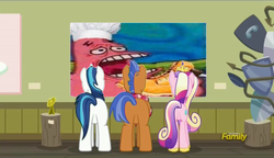 Size: 1280x738 | Tagged: safe, edit, edited screencap, screencap, princess cadance, shining armor, spearhead, alicorn, pegasus, pony, unicorn, a flurry of emotions, g4, a thousand nights in a hallway, art exhibition, art or a mistake, chef's hat, discovery family logo, female, hat, male, mare, meme, nature pants, patrick star, spongebob squarepants, stallion, timberland boots