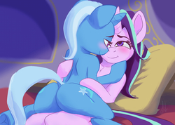 Size: 1178x839 | Tagged: safe, artist:grissaecrim, starlight glimmer, trixie, pony, unicorn, semi-anthro, g4, butt, cuddling, dock, duo, duo female, female, horn, lesbian, looking at each other, looking at someone, mare, plot, ship:startrix, shipping, smiling, tail, the great and powerful ass