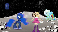 Size: 1280x694 | Tagged: safe, artist:theunknowenone1, doctor whooves, princess luna, rainbow dash, time turner, human, pony, g4, doctor who, green eyes, male, mayim bialik, moon, space, spacesuit, stallion, stars, tara strong, tardis, the big bang theory, voice actor joke