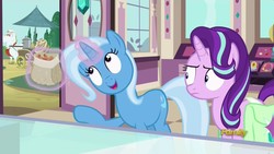 Size: 1280x720 | Tagged: safe, screencap, starlight glimmer, trixie, pony, all bottled up, g4, cinnamon nuts, discovery family logo, duo, food