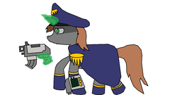Size: 1189x640 | Tagged: safe, oc, oc only, oc:littlepip, pony, unicorn, fallout equestria, bolter, boots, cap, clothes, commissar, fanfic, fanfic art, female, glowing horn, gun, handgun, hat, horn, little macintosh, magic, mare, ms paint, pipbuck, revolver, simple background, solo, telekinesis, trenchcoat, warhammer (game), warhammer 40k, weapon, white background