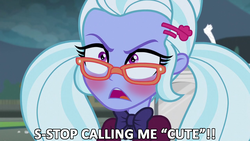 Size: 1280x720 | Tagged: safe, edit, edited screencap, screencap, sugarcoat, equestria girls, g4, my little pony equestria girls: friendship games, blushing, cute, embarrassed, female, frown, glare, glasses, i'm not cute, image macro, meme, open mouth, pigtails, solo, sugarcute, tsundere, tsunderecoat, twintails, wide eyes