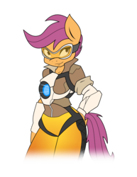 Size: 5000x6467 | Tagged: safe, artist:ambris, artist:baronbronie, edit, scootaloo, anthro, g4, absurd resolution, clothes, colored, cosplay, costume, crossover, female, goggles, overwatch, simple background, solo, teenager, tracer, transparent background, wavy mouth