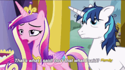 Size: 480x270 | Tagged: safe, screencap, princess cadance, shining armor, pony, a flurry of emotions, g4, animated, gif, subtitles, that's what she said