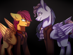 Size: 1400x1050 | Tagged: safe, artist:koffeemilk, rainbow dash, scootaloo, pony, the count of monte rainbow, g4, albert de morcef, clothes, edmond dantes, rainbow dantes, scootabert, the count of monte cristo, who are you count?