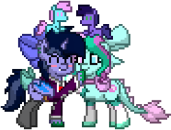 Size: 265x200 | Tagged: safe, oc, oc only, oc:purple flix, pony, pony town, accessory, blushing, boop, bow, clothes, eyes closed, female, looking at each other, love, male, plushie, shipping, simple background, smiling, straight, transparent background
