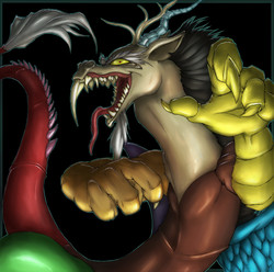Size: 950x942 | Tagged: safe, artist:krinkels, discord, g4, black background, male, pointing, sharp teeth, simple background, solo, teeth, tongue out