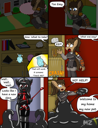 Size: 2551x3299 | Tagged: safe, artist:metalzaki, oc, oc only, oc:latch, oc:rubbergrip, earth pony, unicorn, anthro, boots, breaking and entering, clothes, comic, corset, cropped, dominatrix, female, femdom, high res, latex, living latex, necktie, peril, riding crop, slime, thief, uniform, uniform fetish, vase, whip