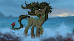 Size: 3264x1836 | Tagged: safe, artist:zsparkonequus, kelpie, pony, ocean, ponified, solo