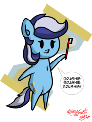 Size: 480x640 | Tagged: safe, artist:zsparkonequus, part of a set, minuette, pony, series:miniponi, g4, brushie brushie, cutie mark background, female, part of a series, simple background, solo, toothbrush