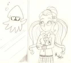 Size: 1024x913 | Tagged: safe, artist:mayorlight, sugarcoat, equestria girls, g4, my little pony equestria girls: friendship games, blooper, clothes, crossover, crystal prep academy uniform, heart eyes, monochrome, pencil drawing, school uniform, super mario bros., traditional art, wingding eyes