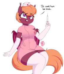 Size: 1400x1600 | Tagged: safe, artist:notenoughapples, oc, oc only, oc:capillary, bat pony, anthro, blushing, clothes, evening gloves, female, gloves, long gloves, mare, nurse, nurse outfit, simple background, solo, stockings, syringe, thigh highs, transparent background